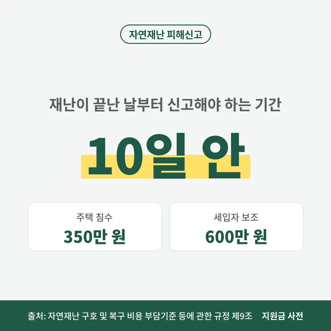 태풍 피해 재난지원금은 재난이 끝난 날부터 10일 안에 시·군·구에 신고해야 받습니다. 주택 침수 350만 원, 세입자 보조 600만 원입니다.