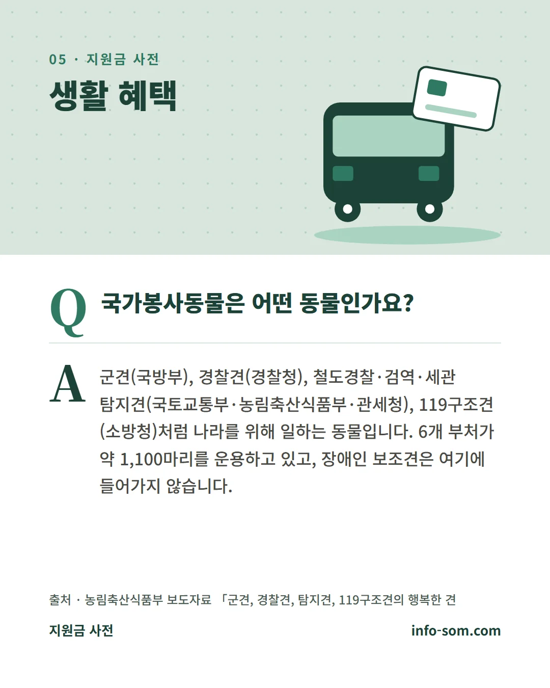 자주 묻는 질문. 국가봉사동물은 어떤 동물인가요? 군견(국방부), 경찰견(경찰청), 철도경찰·검역·세관 탐지견(국토교통부·농림축산식품부·관세청), 119구조견(소방청)처럼 나라를 위해 일하는 동물입니다.