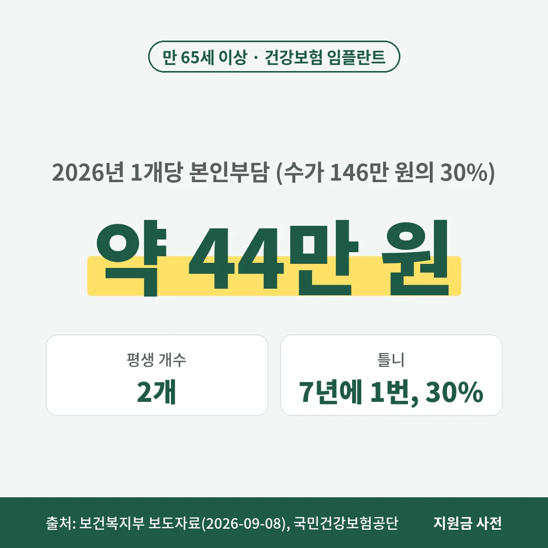 만 65세 이상 건강보험 임플란트는 평생 2개까지이며, 2026년 1개당 수가 146만 원의 30%인 약 44만 원을 본인이 냅니다. 틀니는 7년에 1번 본인부담 30%입니다.
