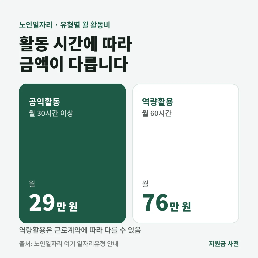 노인일자리 유형별 월 활동비. 공익활동은 월 30시간 이상에 29만 원, 역량활용은 월 60시간에 76만 원입니다.