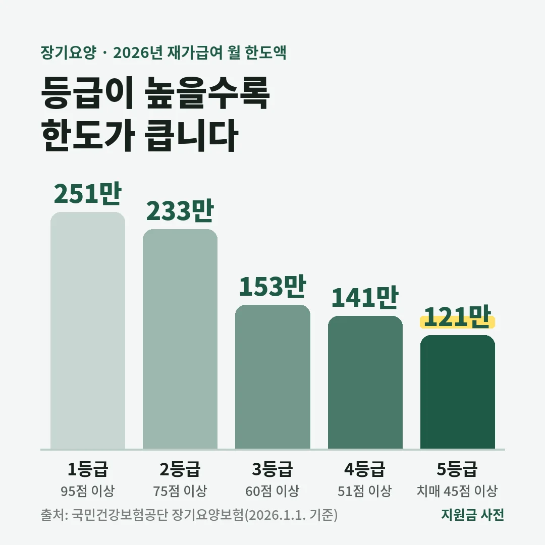2026년 장기요양 재가급여 월 한도액은 1등급 251만 원, 2등급 233만 원, 3등급 153만 원, 4등급 141만 원, 5등급 121만 원 안팎입니다.